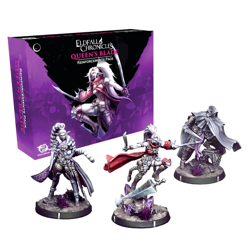 Three fantasy figurines in front of a purple packaging box labeled 'Elfland Chronicles Queen's Blade'.
