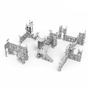 Set of miniature game terrain pieces with Rampart Modular Terrain branding on a white background.