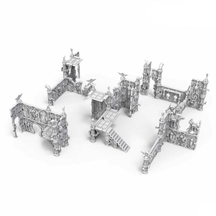 Set of miniature game terrain pieces with Rampart Modular Terrain branding on a white background.