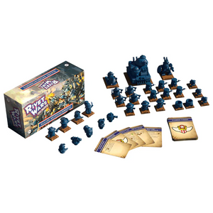 Board game set with miniatures, cards, and box on a white background