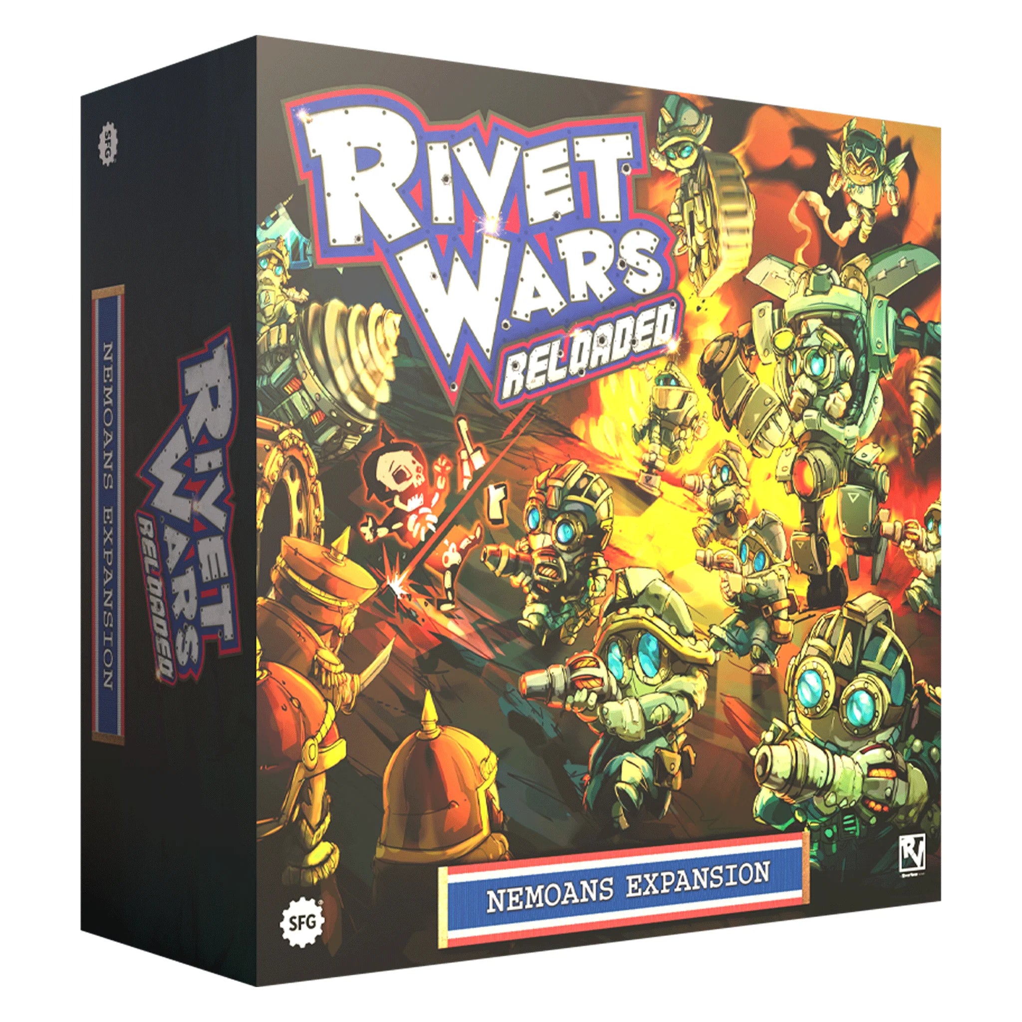 Box for 'Rivet Wars Reloaded' with robot figures on a colorful background
