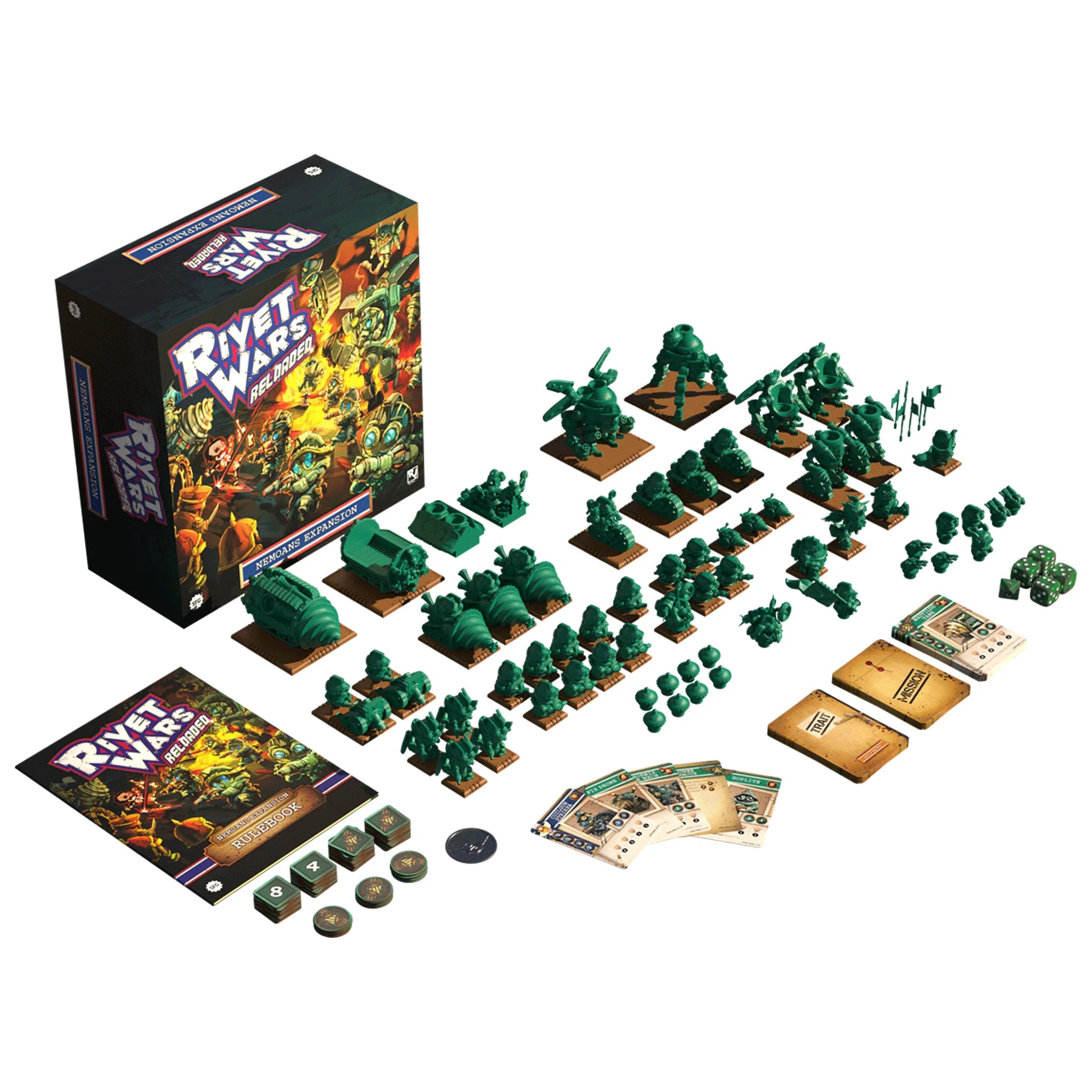 Rift Wars tabletop game set with box, figures, cards, and dice on a white background