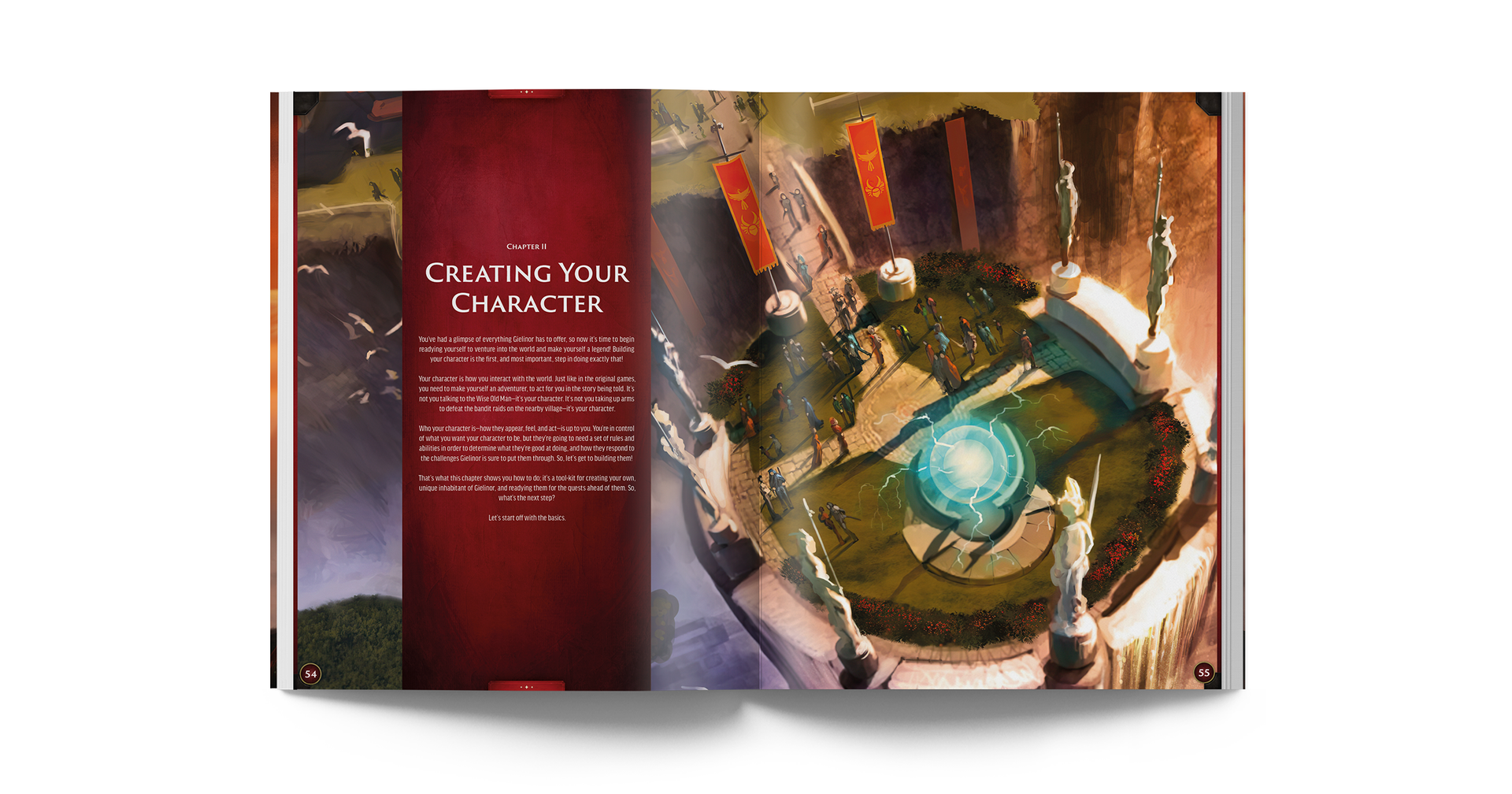 Book open to a page titled 'Creating Your Character' with a character design on the right.