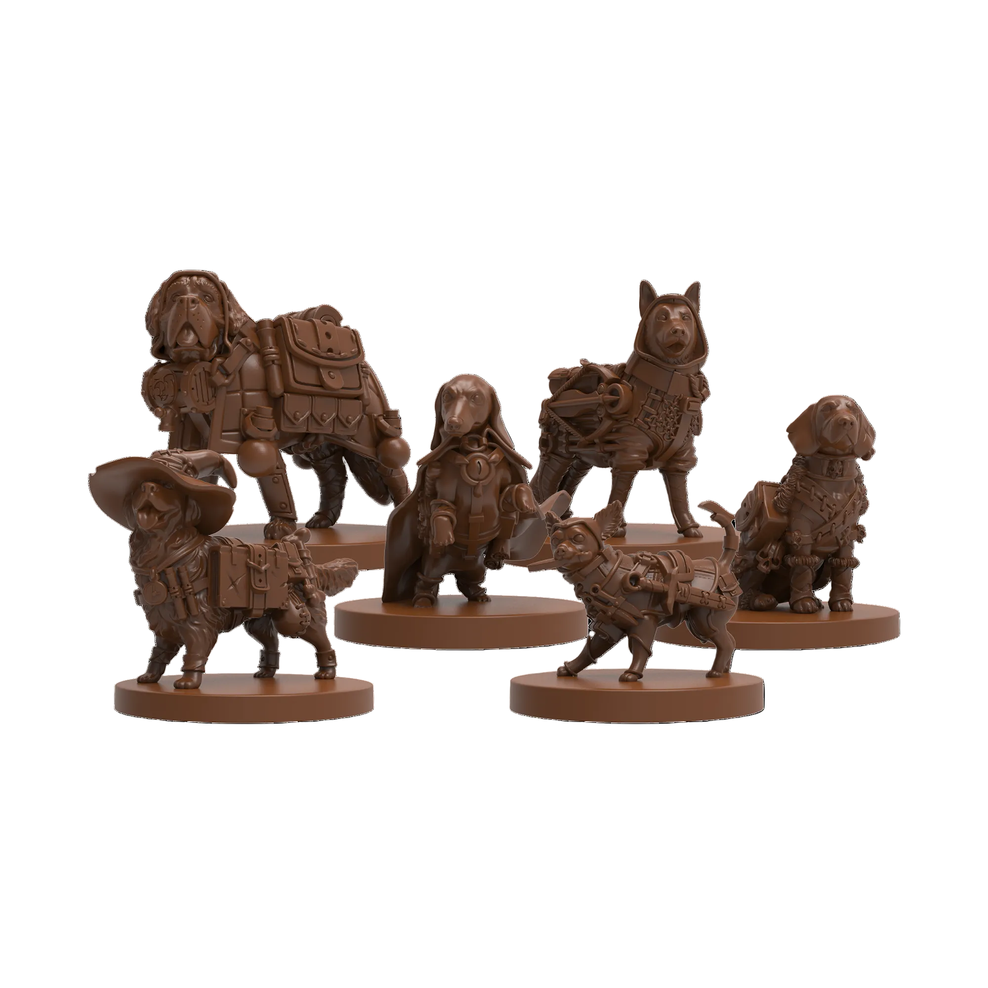Set of five brown figurines on a white background