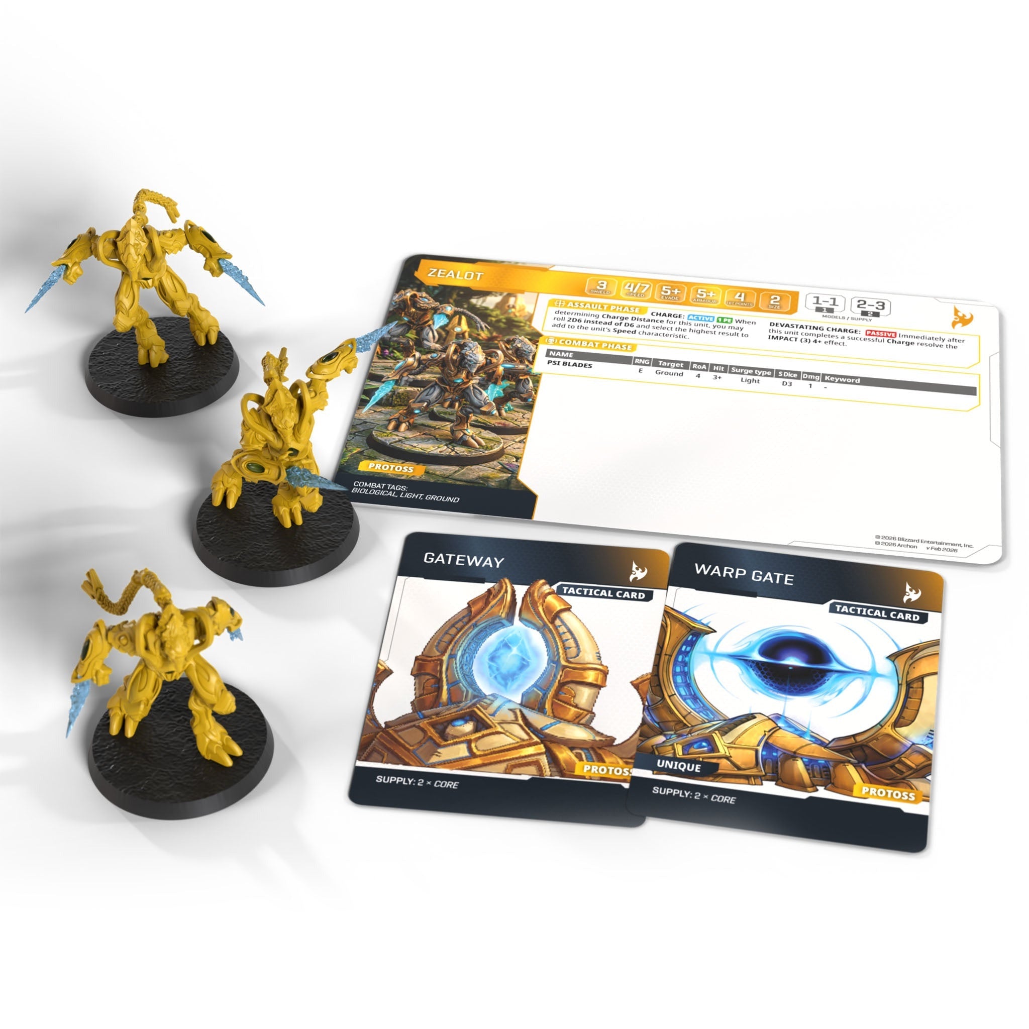 StarCraft game components including miniatures and cards on a white background
