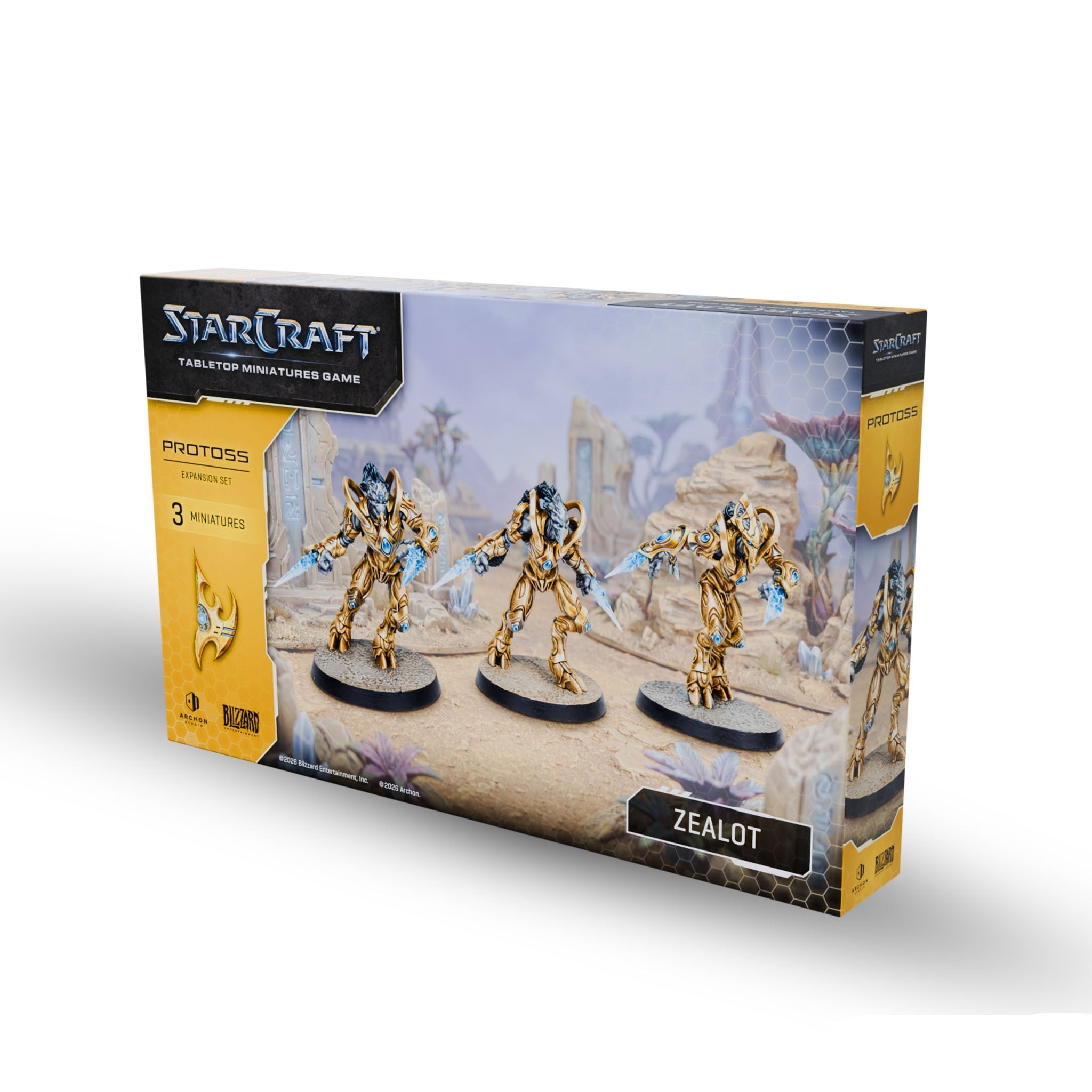 StarCraft tabletop miniatures game box with Protoss zealots on a white background