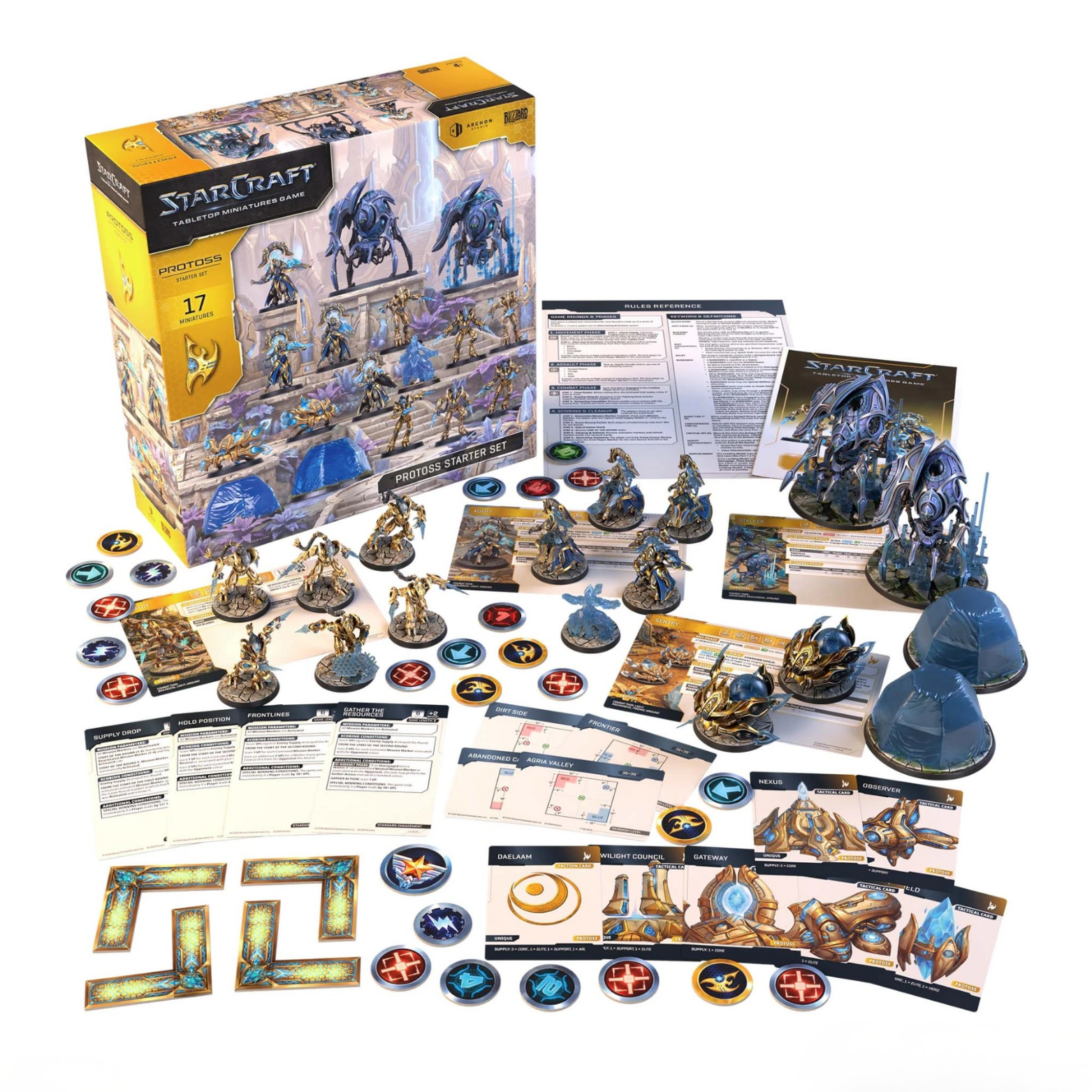 StarCraft Dawn of the Chosen expansion set displayed on a white background, including the illustrated product box, multiple painted miniatures, terrain pieces, tokens, and rulebooks.