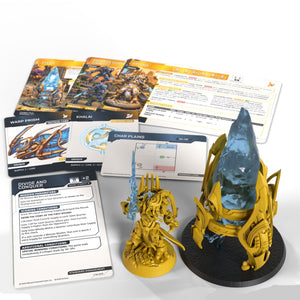 StarCraft tabletop miniatures game set with models, cards, and instructions on a white background.