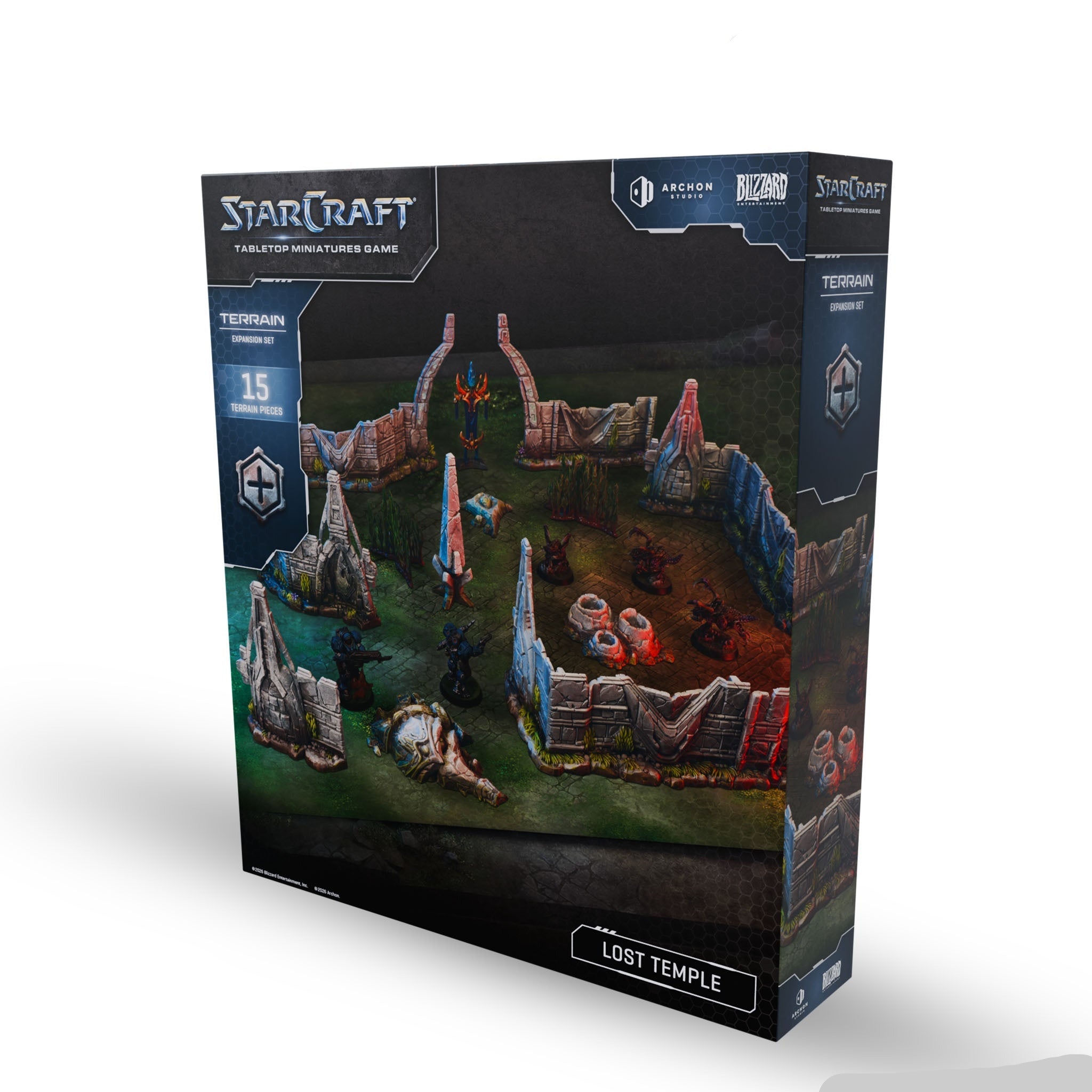 StarCraft tabletop miniatures game box with 'Lost Temple' scenery
