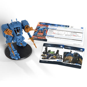 Blue robot figurine with game cards on a white background