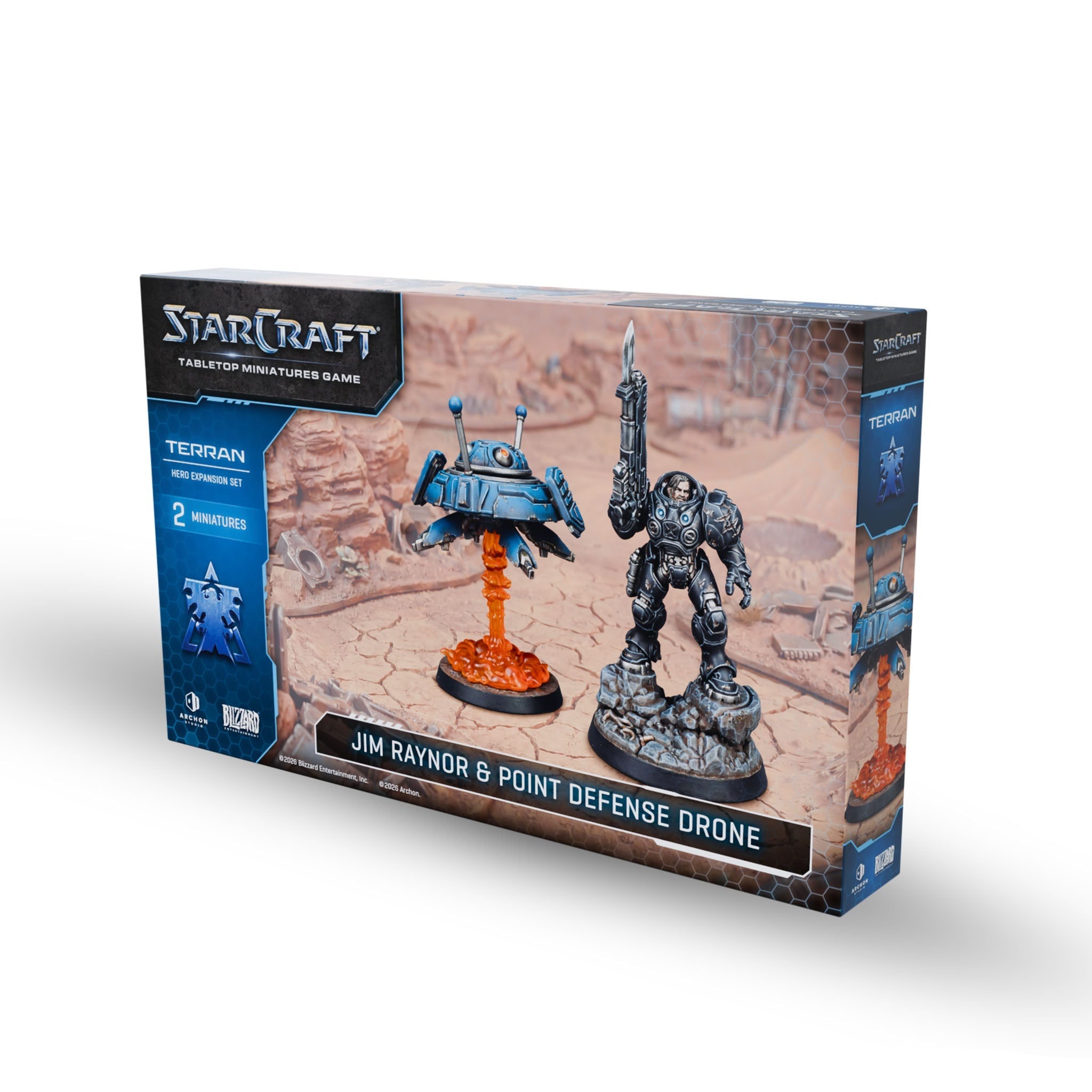 StarCraft tabletop miniatures game box with two figures on a white background