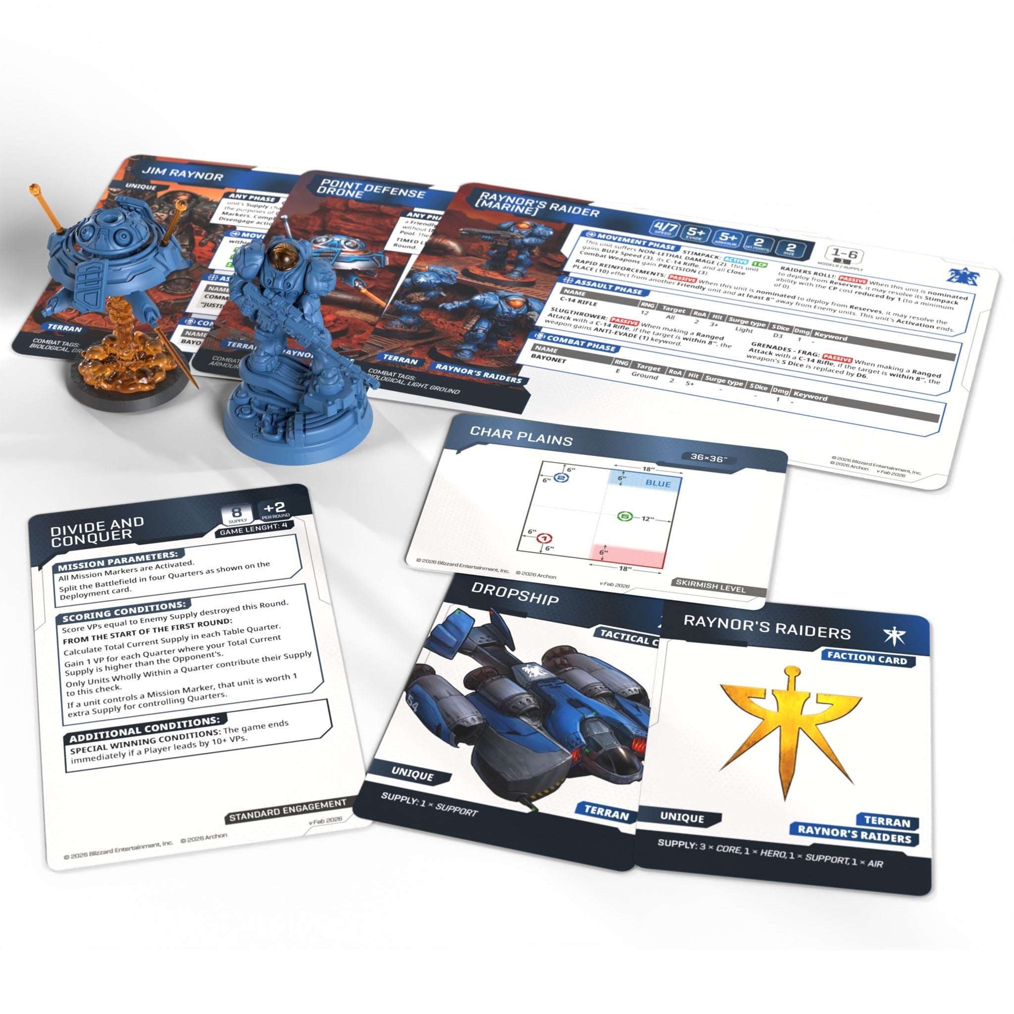 StarCraft tabletop game components including miniatures and cards on a white background