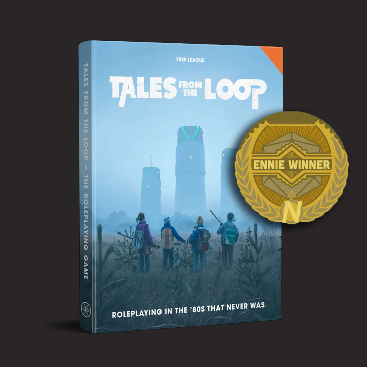Tales from the Loop roleplaying game book with an Eennie Winner badge on a dark background