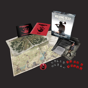 Game components including a map, cards, and dice from The Walking Dead Universe on a dark background