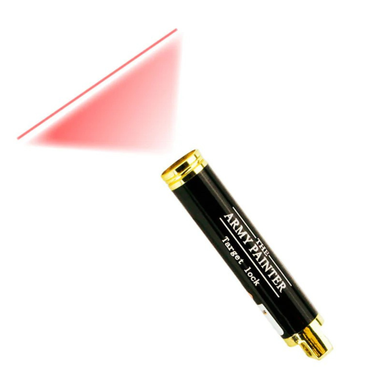 Black laser pointer with red laser beam on a white background