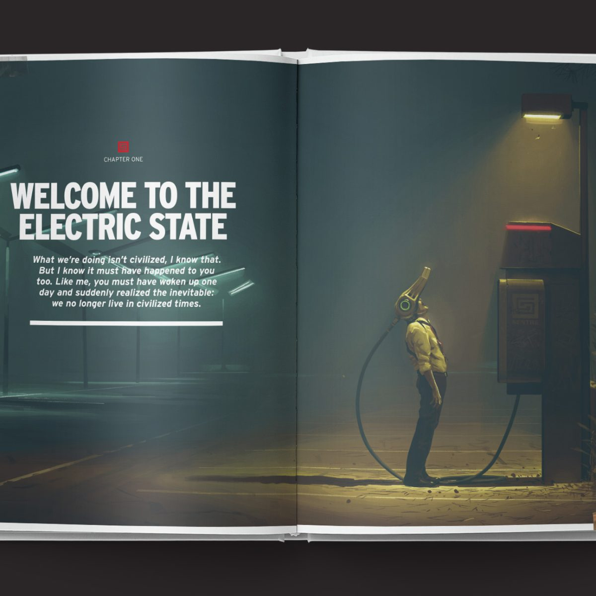 Open book with a scene of a person in a hazmat suit and text 'Welcome to the Electric State'.