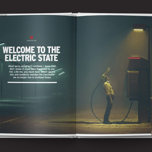 Open book with a scene of a person in a hazmat suit and text 'Welcome to the Electric State'.