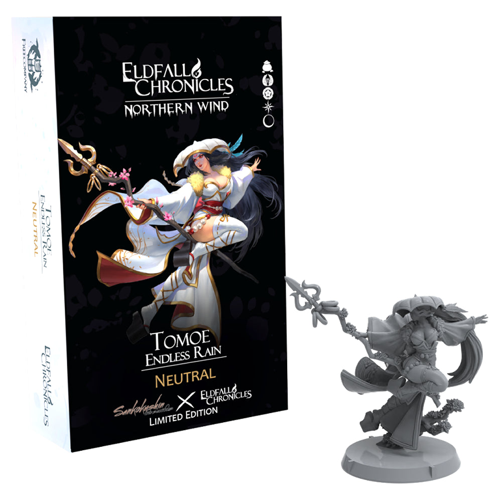 Eldfall Chronicles game box with a character illustration and a gray miniature figure on a white background