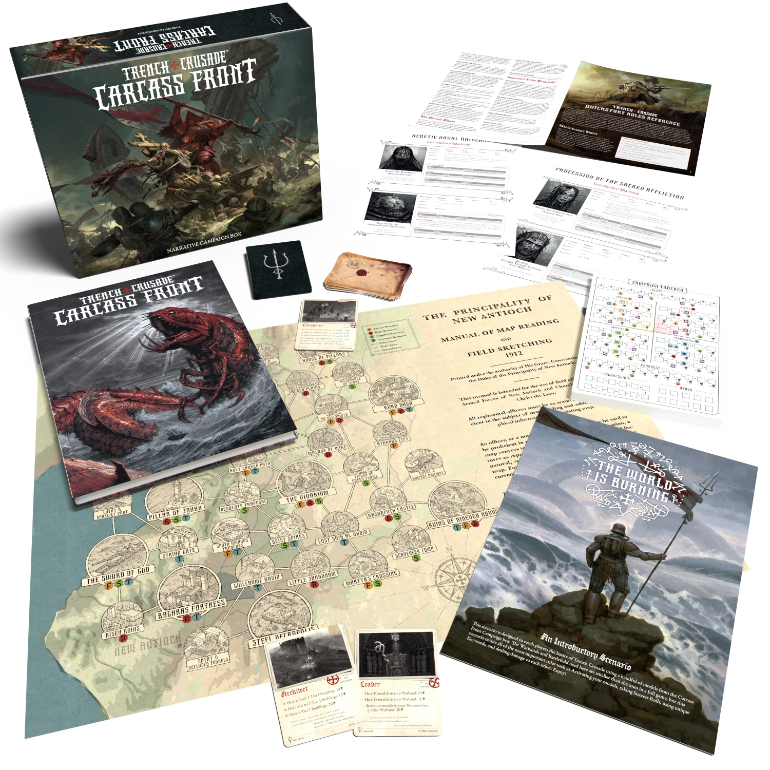 Collection of tabletop game components including a box, maps, cards, and printed materials on a white background.