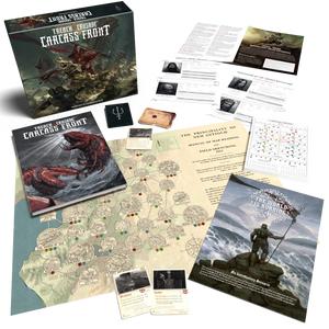 Collection of tabletop game components including a box, maps, cards, and printed materials on a white background.