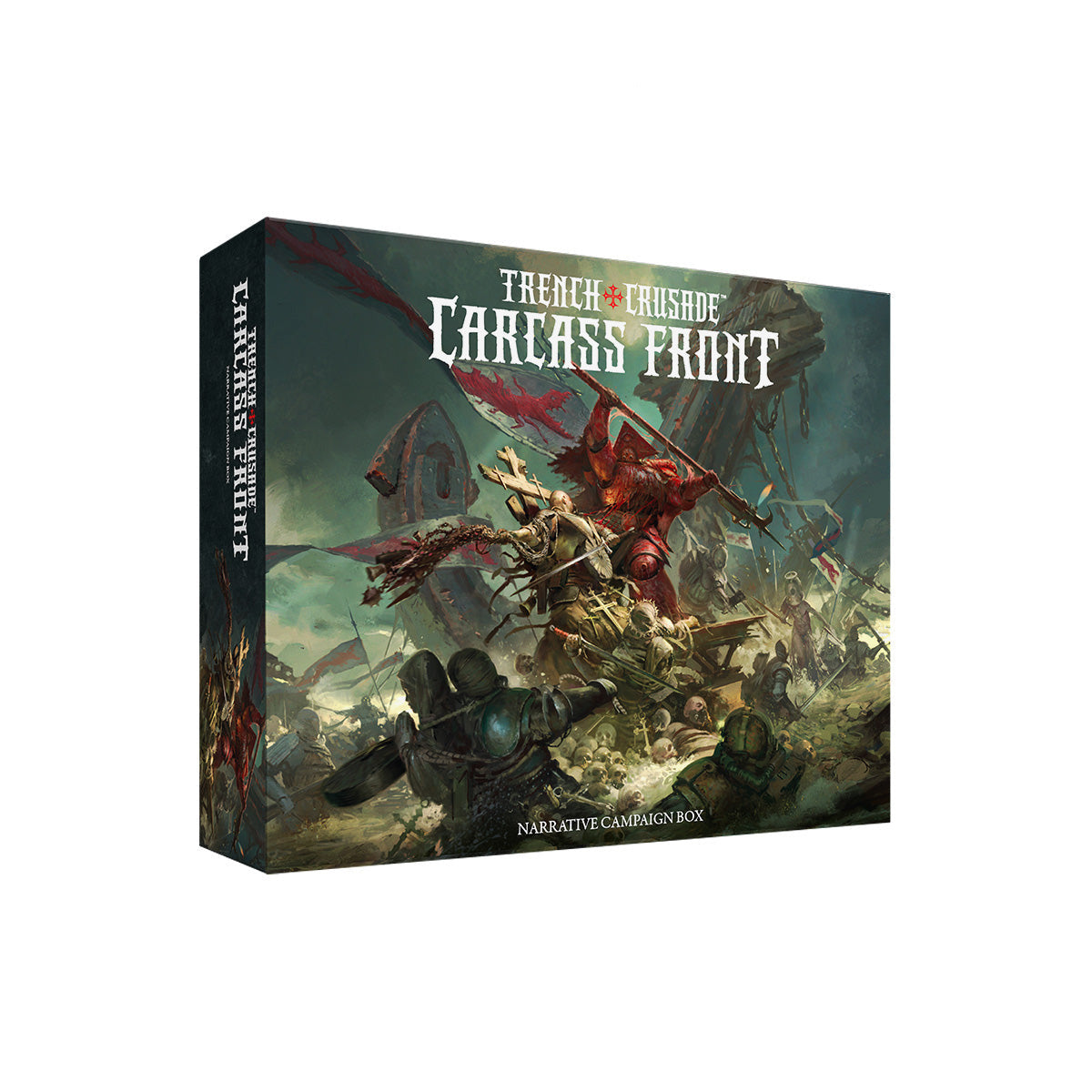 Board game box for 'Trench Crusade: Carcass Front' with a fantasy battle scene on the cover.