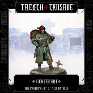 Miniature figure of a lieutenant from 'Trench Crusade' with a dark border and title text.