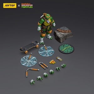Toy figure set with accessories on a gray background, featuring Joytoy and Nickelodeon branding.