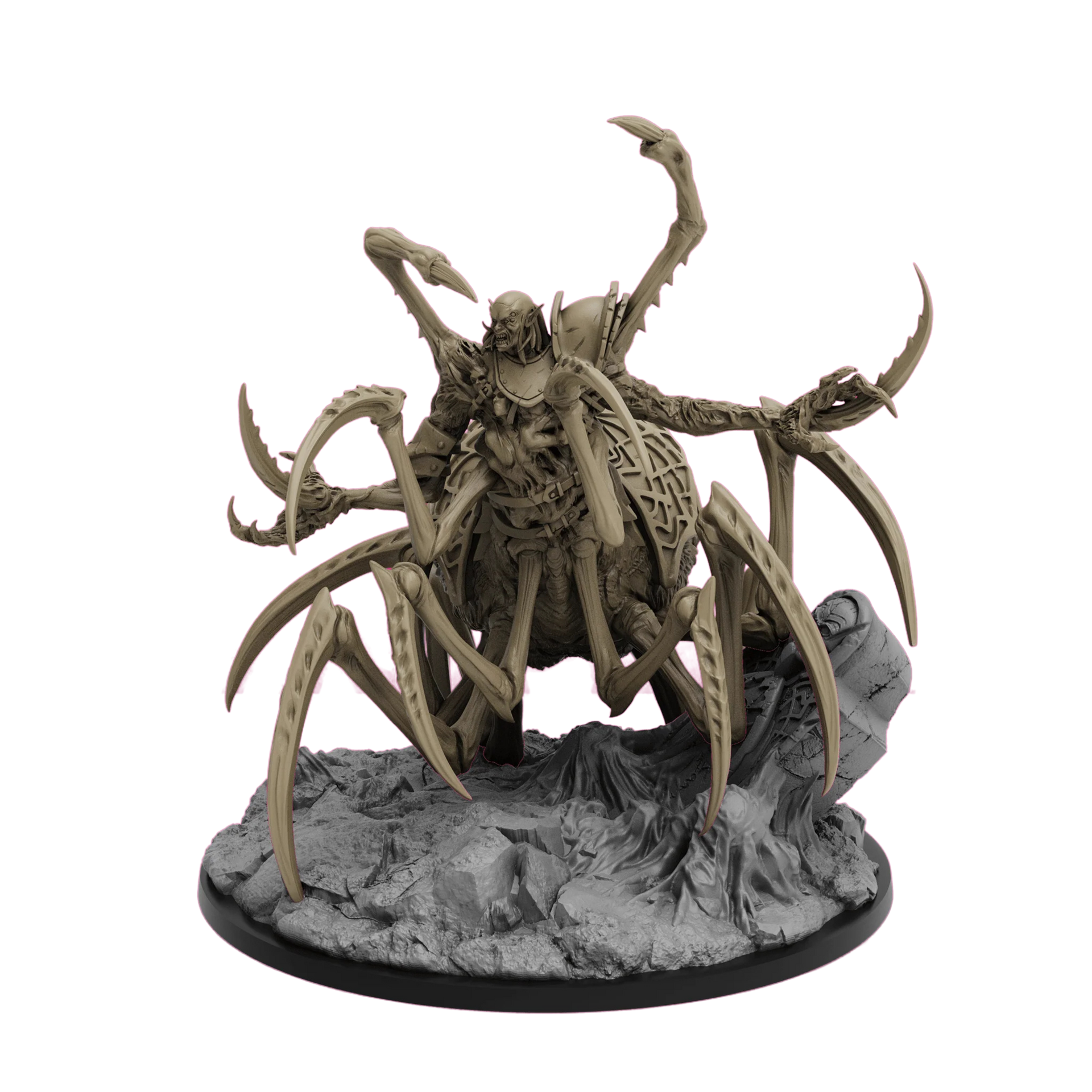 Spooky spider-like creature on a rocky base with a white background