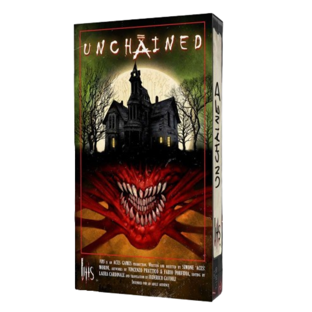 Board game box titled 'Unchained' with a spooky house and red monster mouth design on a white background.