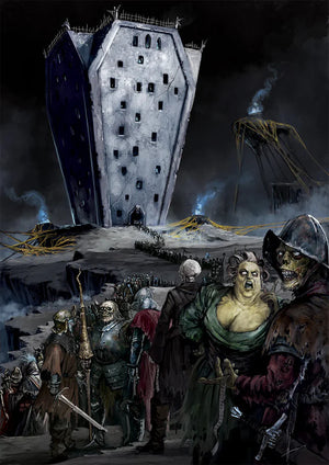 Dark fantasy scene with a large tower and various characters in a desolate landscape.