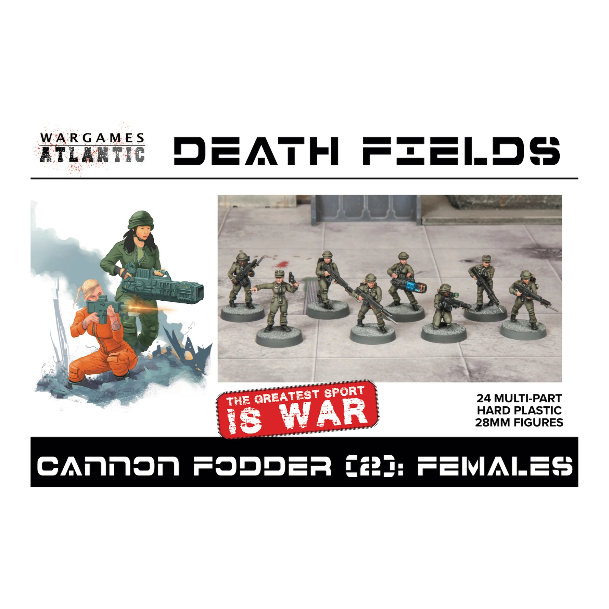 Advertisement for Wargames Atlantic's 'Death Fields' with miniature figures on a white background.
