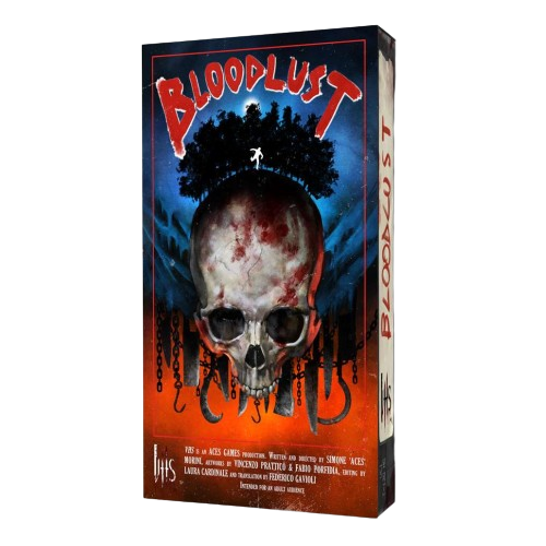 Board game box titled 'Bloodlust' with a skull and forest design on a white background