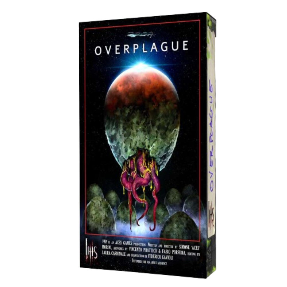 Box of 'Overplague' with a fantasy design on a white background