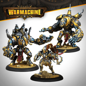 Three Warhammer figurines with 'Warmachine' logo in the background