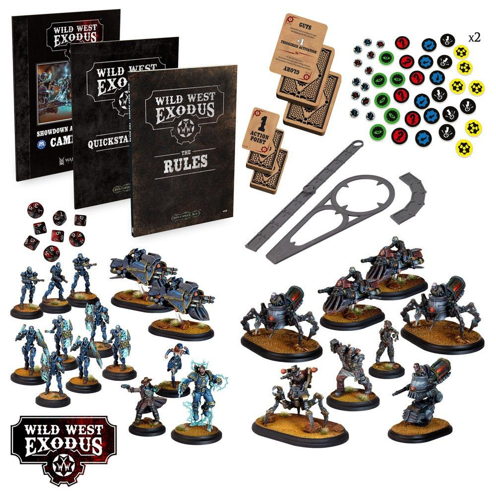 Wild West Exodus game set with miniatures, rules books, and accessories on a white background