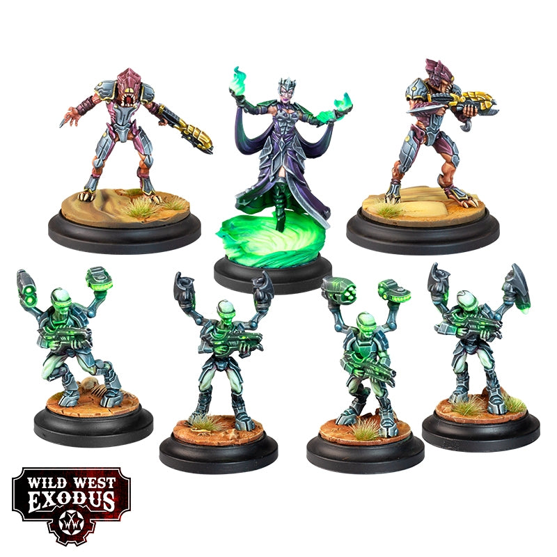 Set of fantasy figurines with glowing elements on a white background, featuring the 'Wild West Exodus' logo.
