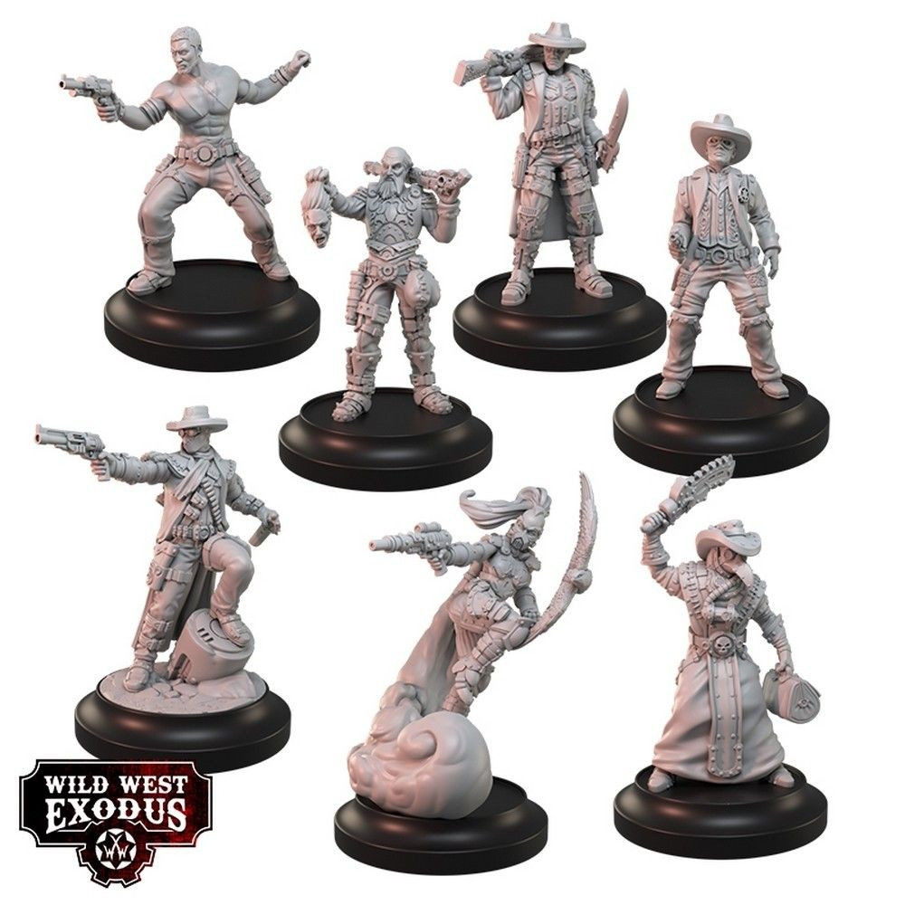 Set of Wild West Exodus figurines on black bases with 'Wild West Exodus' logo.