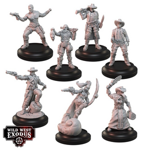 Set of Wild West Exodus figurines on black bases with 'Wild West Exodus' logo.