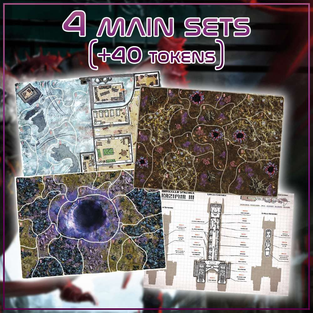 Four game map sets with various designs on a table, with text indicating '4 Main Sets (+40 Tokens)'.