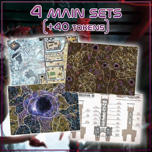 Four game map sets with various designs on a table, with text indicating '4 Main Sets (+40 Tokens)'.