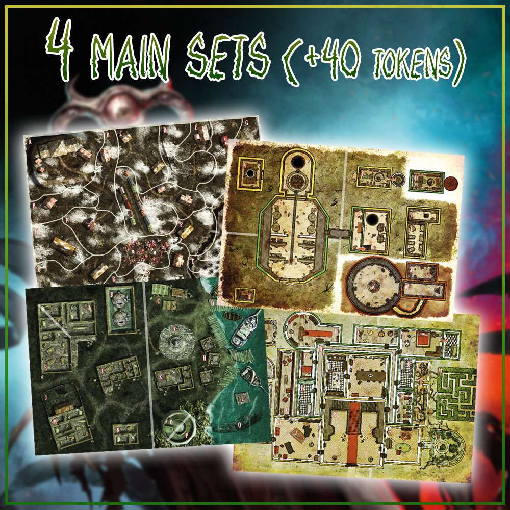 Collage of various board game maps with text '4 Main Sets (+40 Tokens)' on a colorful background.