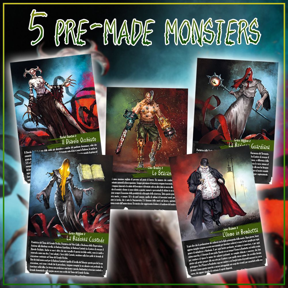 Five pre-made monster cards with detailed illustrations and text on a dark background.