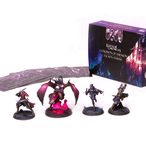 Four fantasy miniatures with a game box labeled 'Elfland Chronicles' on a white background.