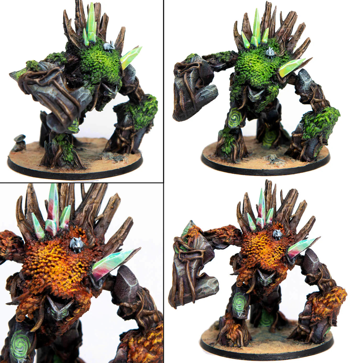 Four views of a detailed fantasy creature figurine with spiky armor and green moss-like textures.