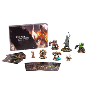 Collection of miniatures and game components from 'Eldefall Chronicles' on a white background