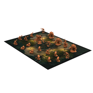 Collection of fantasy figurines on a game mat with grid lines