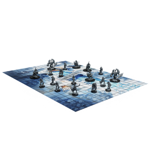 Board game set with figures on a blue grid board