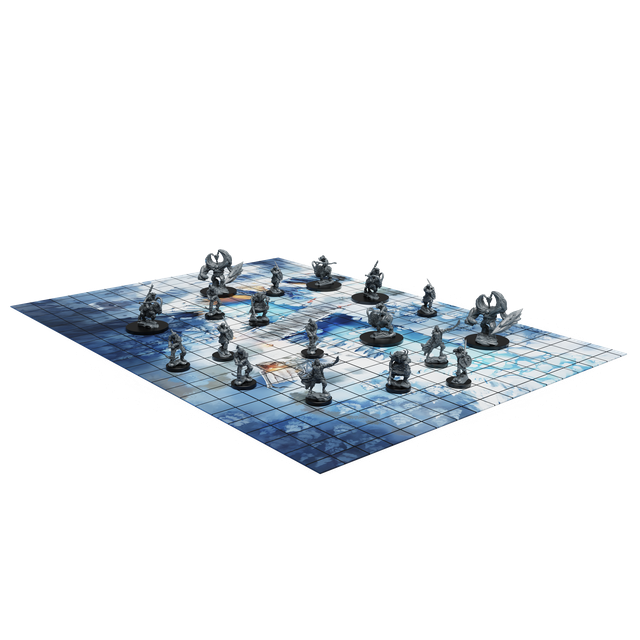 Board game set with figures on a blue grid board