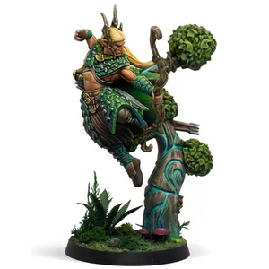 Fantasy figurine of a warrior with green armor and a staff on a white background