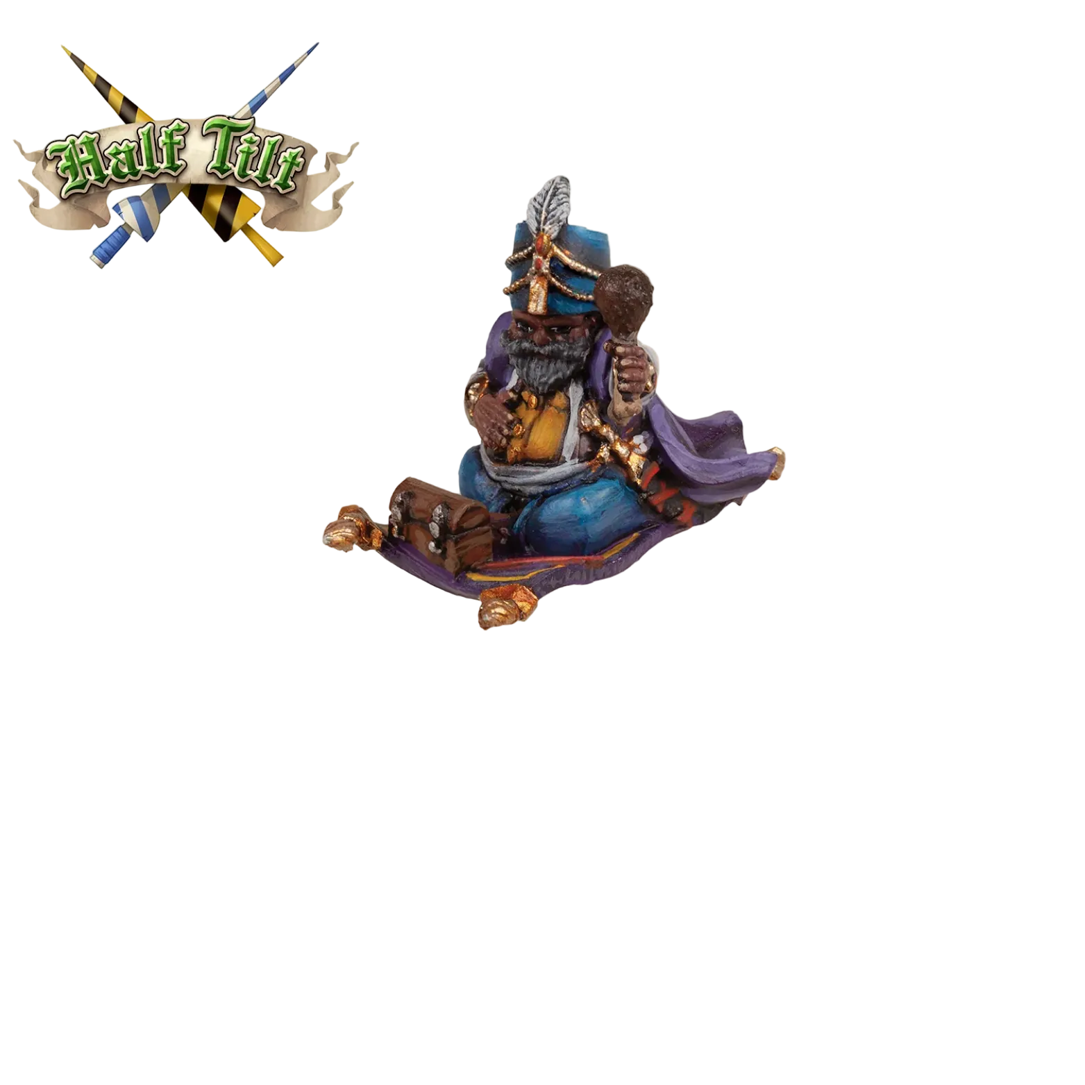 Miniature figurine of a fantasy character on a textured beige background with 'Half Tide' logo.